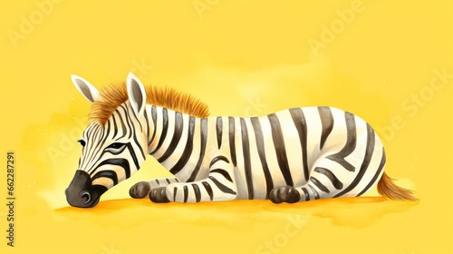  a painting of a zebra laying down on a yellow background.  generative ai