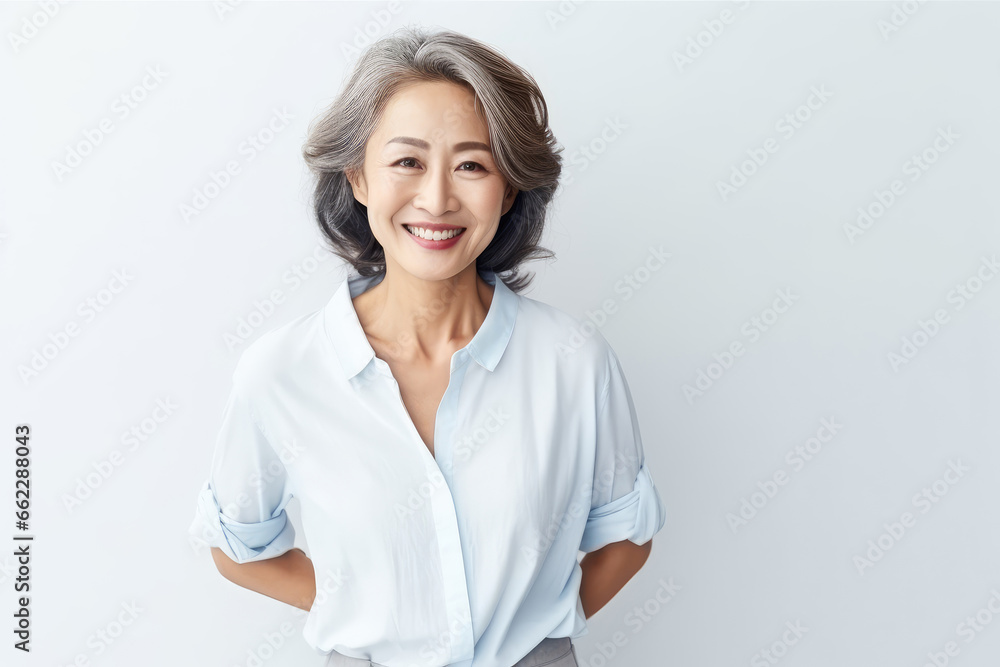 Portrait of Asian senior woman posing on white wall background. - obrazy, fototapety, plakaty 