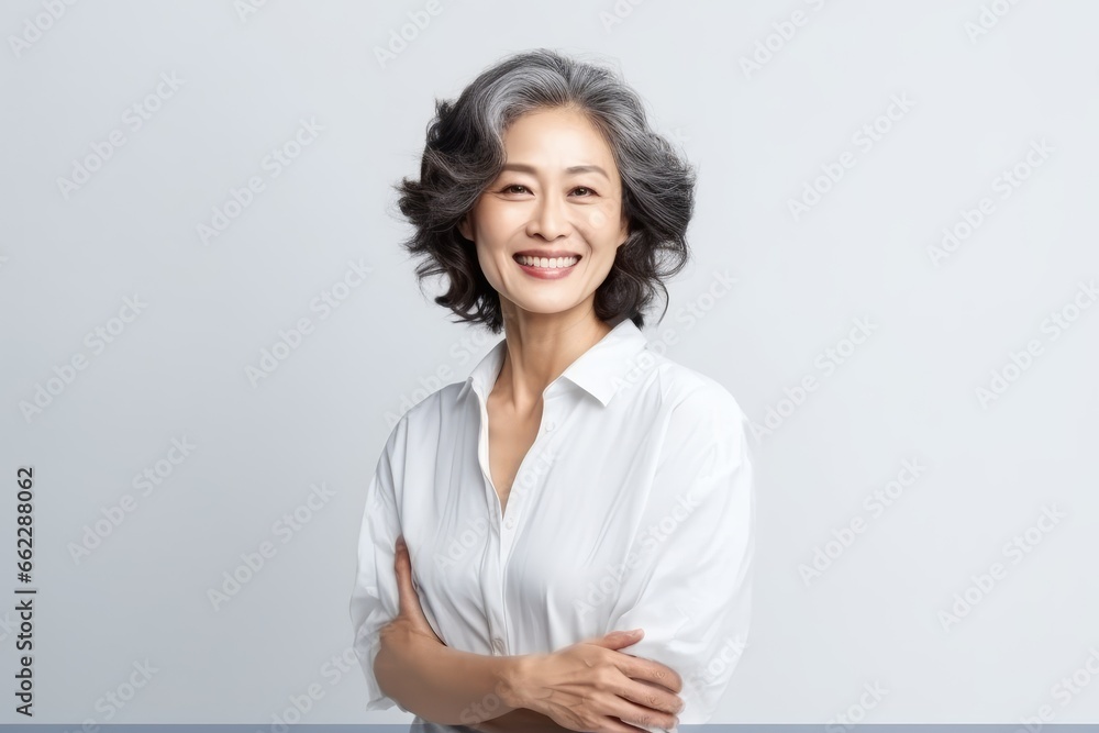 Portrait of Asian senior woman posing on white wall background. Portrait of Asian senior woman posing on white wall background.
