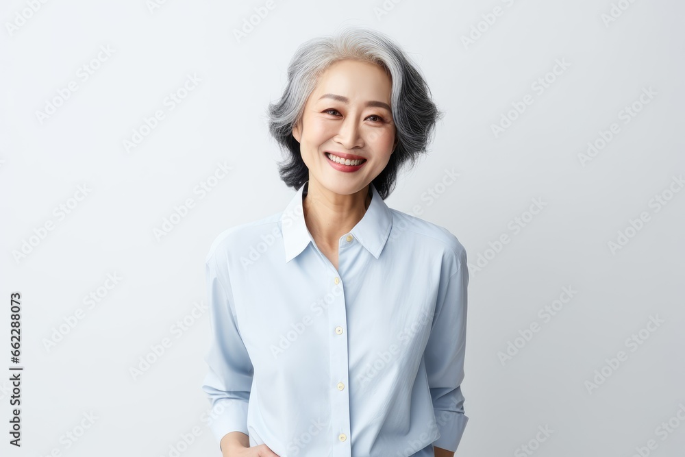 Portrait of Asian senior woman posing on white wall background. Portrait of Asian senior woman posing on white wall background.