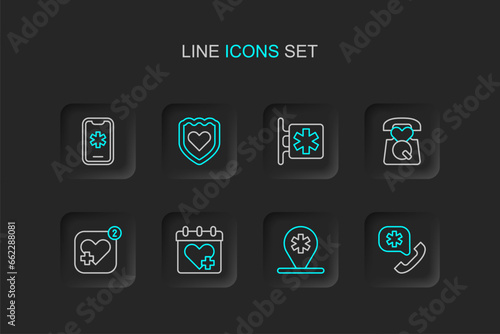 Set line Emergency call 911, Location hospital, Doctor appointment, Mobile with heart rate, - Star of Life, Immune system and icon. Vector