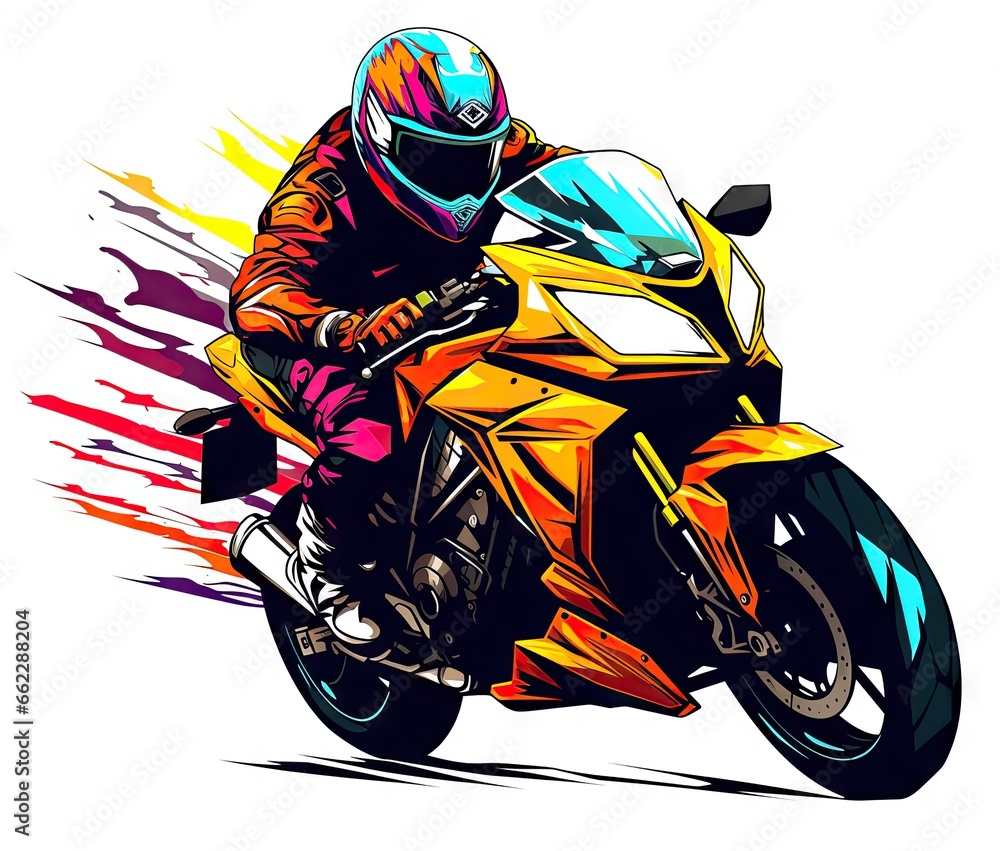  a person riding a motorcycle on a track with colorful paint splatters.  generative ai