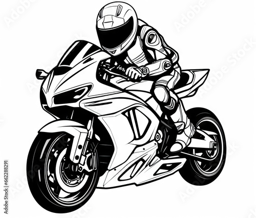  a black and white drawing of a person riding a motorcycle. generative ai
