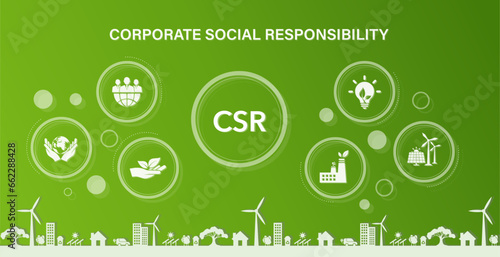 CSR Banner icons for businesses and organizations, About social responsibility and giving back to the community on a green background.