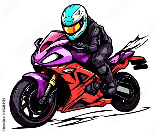  a person riding a motorcycle on a white background in a cartoon style. generative ai