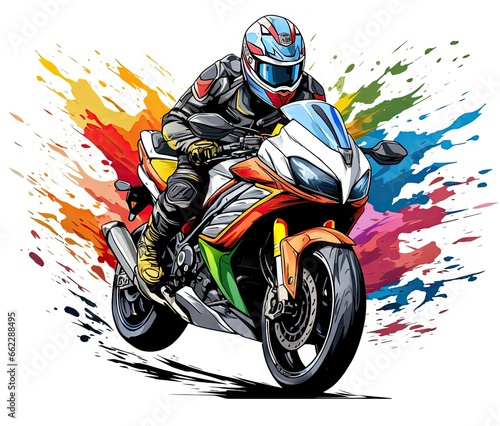  a person riding a motorcycle on a colorful background with paint splatters.  generative ai © Jevjenijs