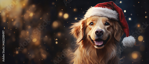 Dog with a Santa hat on the Christmas background © hakule