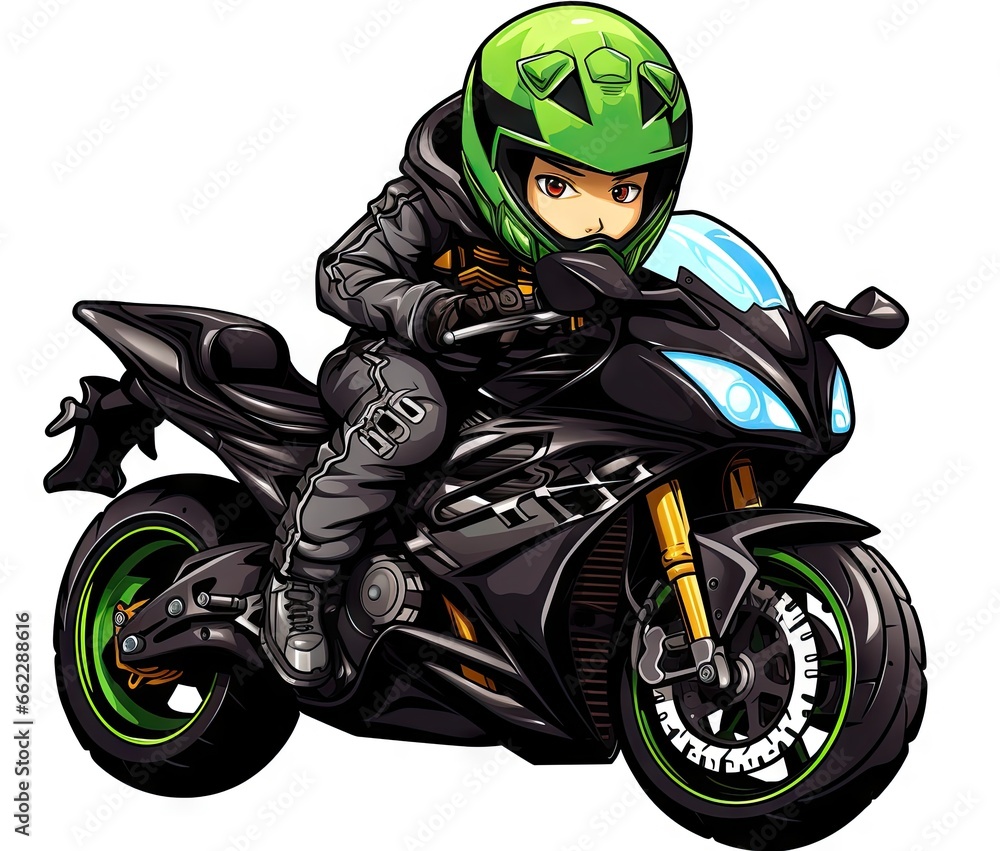 a person riding a motorcycle with a helmet on and green wheels. generative ai a person riding a motorcycle with a helmet on and green wheels. generative ai