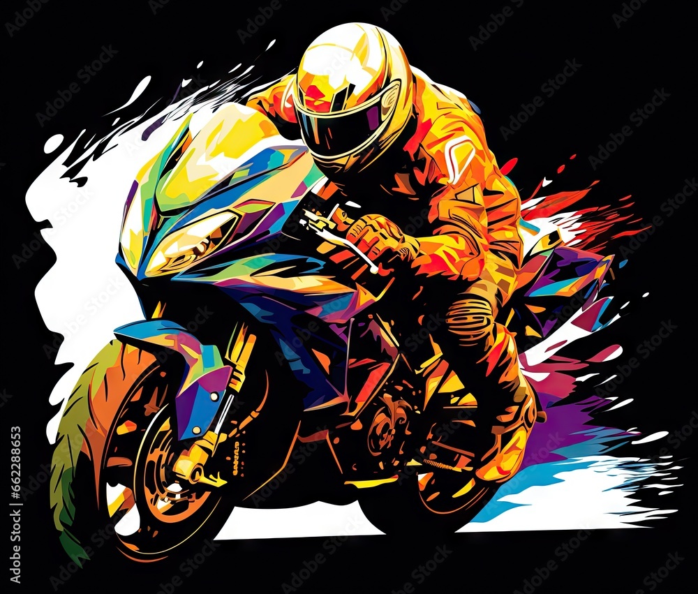  a person riding a motorcycle on a colorful background with spray paint.  generative ai