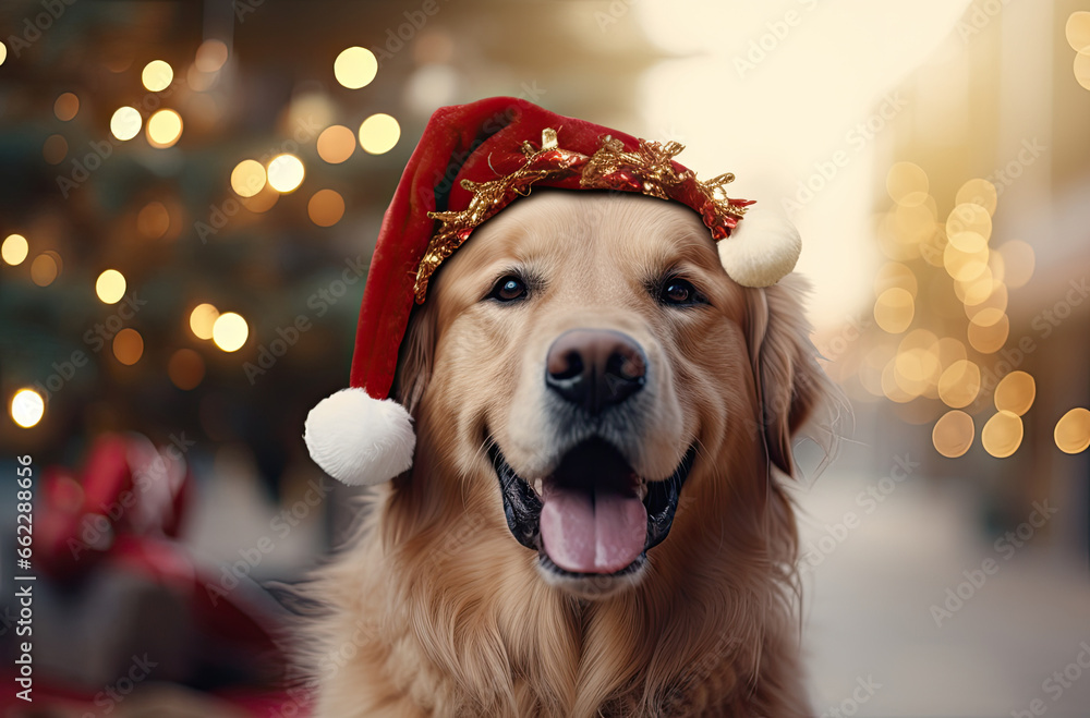 Dog with a Santa hat on the Christmas background