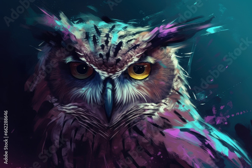 Owl, owl close-up in purple and magenta colors. © Ivan