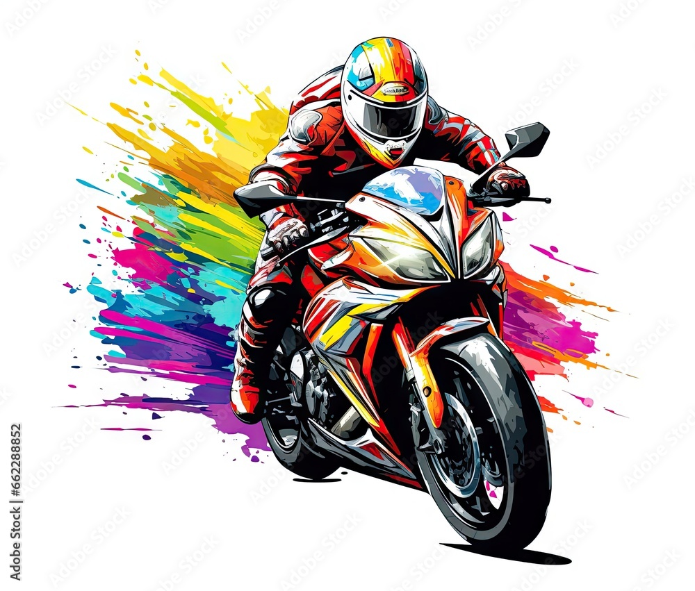  a person riding a motorcycle on a colorful background with paint splatters.  generative ai