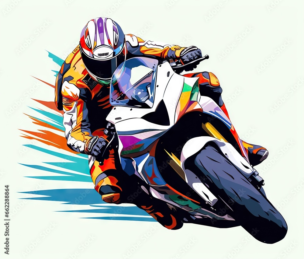  a person riding a motorcycle on a track with colorful paint.  generative ai