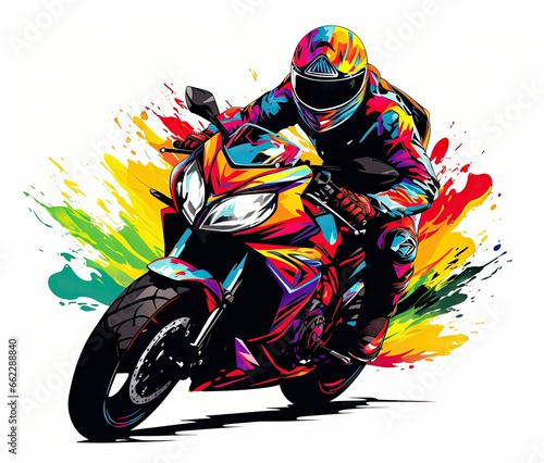  a person riding a motorcycle on a colorful background with paint splatters.  generative ai photo