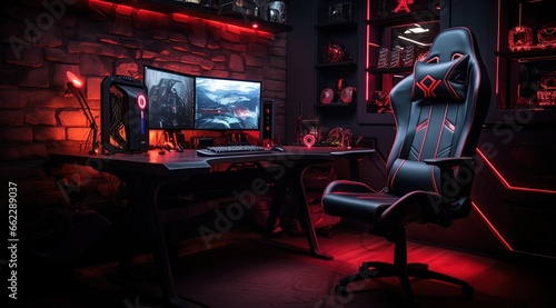 Gaming room interior with red blue light
