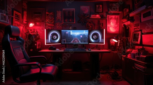 Gaming room interior with red blue light