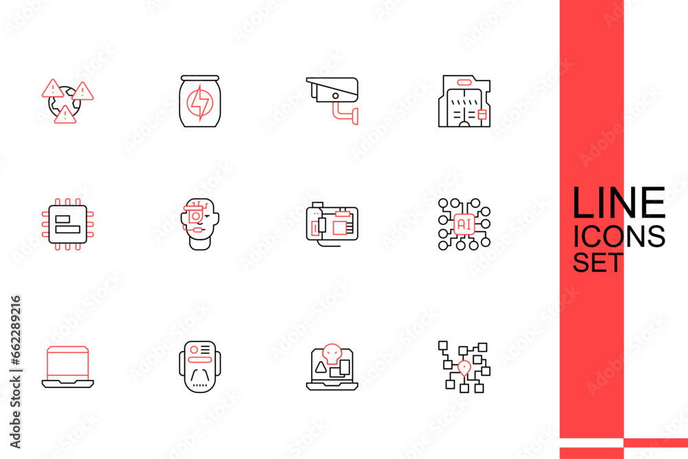Set line Neural network, Internet piracy, Artificial intelligence robot, Laptop, Motherboard, Smart glasses on spectacles and Processor CPU icon. Vector Set line Neural network, Internet piracy, Artificial intelligence robot, Laptop, Motherboard, Smart glasses on spectacles and Processor CPU icon. Vector