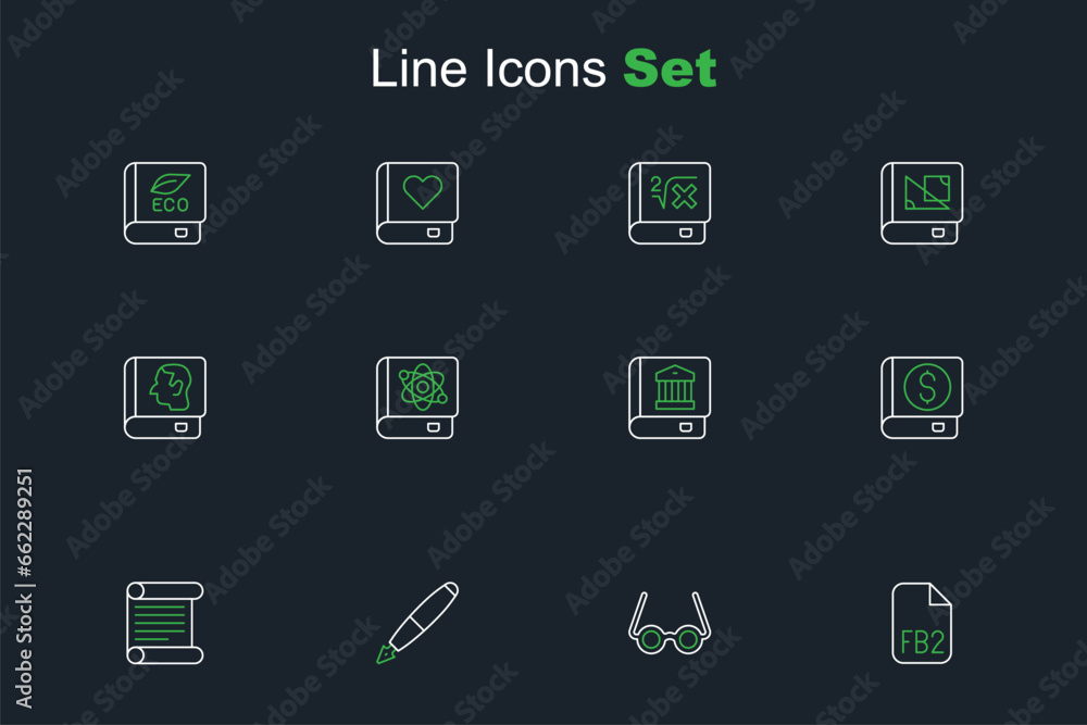 Set line FB2 File, Glasses, Fountain pen nib, Decree, parchment, scroll, Financial book, Law, Book about physics and icon. Vector Set line FB2 File, Glasses, Fountain pen nib, Decree, parchment, scroll, Financial book, Law, Book about physics and icon. Vector