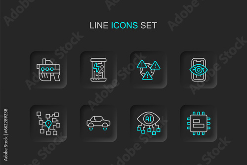 Set line Processor CPU, Computer vision, Fantastic flying car, Neural network, Earth with exclamation mark, Cryogenic capsules and Futuristic weapon icon. Vector