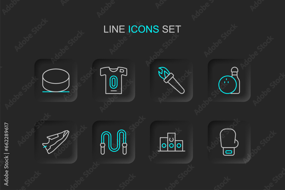 Set line Boxing glove, Award over sports winner podium, Jump rope, Fitness sneakers shoes, Bowling pin and ball, Torch flame, Football jersey t-shirt and Hockey puck icon. Vector Set line Boxing glove, Award over sports winner podium, Jump rope, Fitness sneakers shoes, Bowling pin and ball, Torch flame, Football jersey t-shirt and Hockey puck icon. Vector