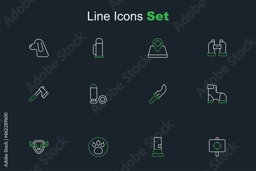 Set line Target sport, Cartridges, Paw search, Deer antlers on shield, Hunter boots, knife, Bullet and Wooden axe icon. Vector