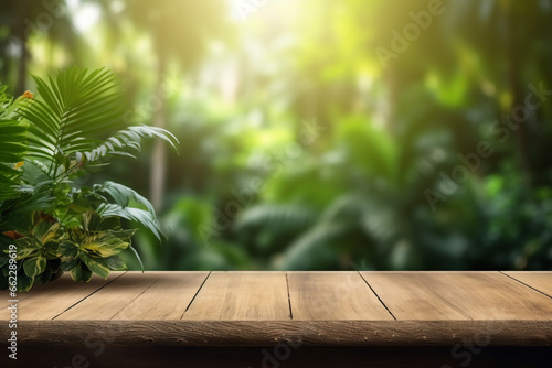Empty wooden table for displaying products with blurred background of tropical forest. It s a beautiful background image.