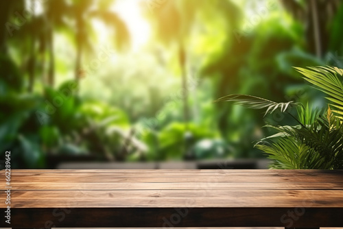 Empty wooden table for displaying products with blurred background of tropical forest. It s a beautiful background image.