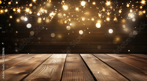 wooden table with Christmas ornaments background