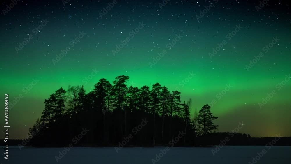 Time lapse of green aurora borealis over a forested island in a frozen lake in winter in Finland Time lapse of green aurora borealis over a forested island in a frozen lake in winter in Finland