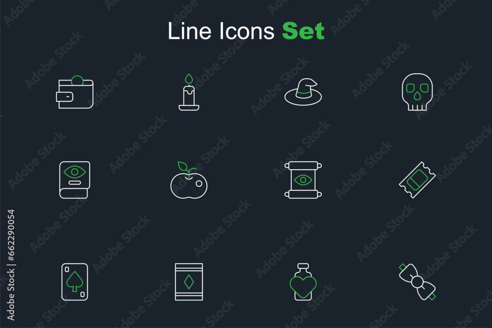 Set line Bow tie, Bottle with love potion, Magic carpet, Playing cards, Circus ticket, scroll, Poison apple and Ancient magic book icon. Vector Set line Bow tie, Bottle with love potion, Magic carpet, Playing cards, Circus ticket, scroll, Poison apple and Ancient magic book icon. Vector