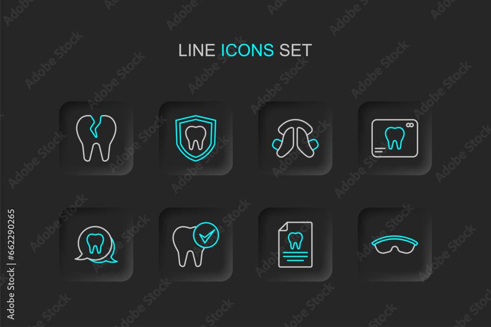 Set line Safety goggle glasses, Clipboard with dental card, Tooth, X-ray of tooth, Dental plate, protection and Broken icon. Vector Set line Safety goggle glasses, Clipboard with dental card, Tooth, X-ray of tooth, Dental plate, protection and Broken icon. Vector