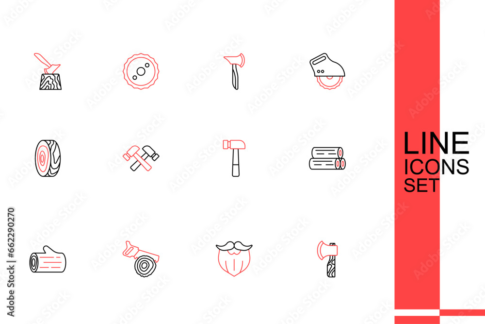 Set line Wooden axe, Mustache and beard, Hand saw log, Hammer, Crossed hammer and Tree rings icon. Vector Set line Wooden axe, Mustache and beard, Hand saw log, Hammer, Crossed hammer and Tree rings icon. Vector