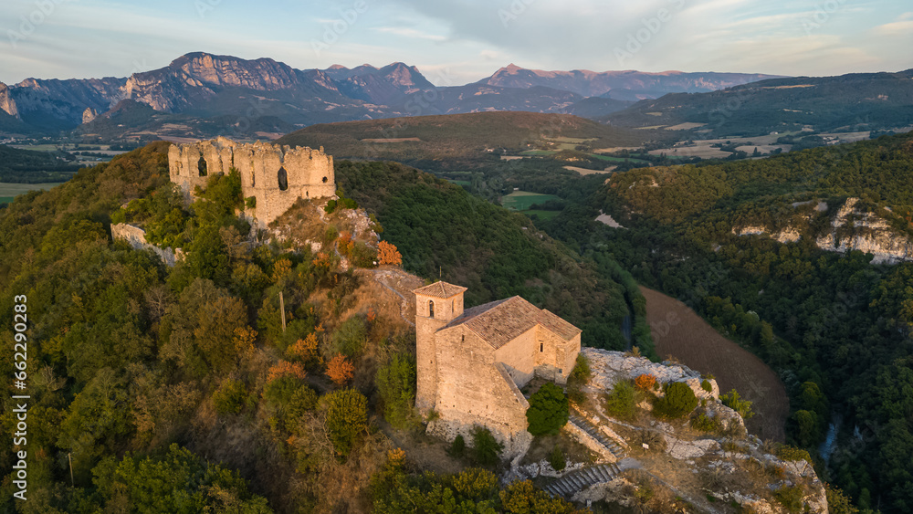 Ruins of the castle of Soyans in Provence in the Drôme during sunset, France