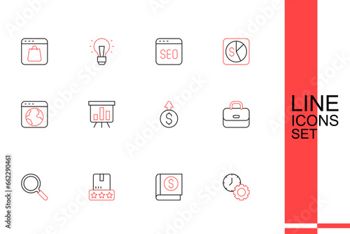 Set line Time management, Financial book, Consumer product rating, Magnifying glass, Briefcase, growth dollar, Board with graph chart and Worldwide icon. Vector
