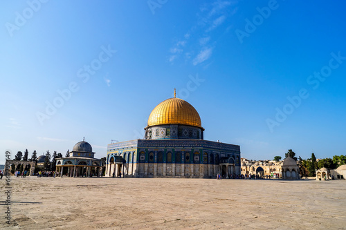 View to the Dome of the Rock, one of the oldest extant works of Islamic architecture. Holy sites of Jerusalem and Israel. Area before the Islamic shrine. Jerusalem's most recognizable landmark.