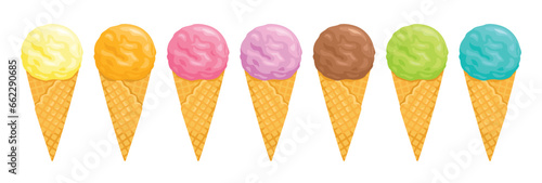 Ice cream in waffle cone set. Balls of chocolate, vanilla, strawberry, mint, orange, pistachios and blueberry ice cream. Set of vector cartoon flat illustrations.