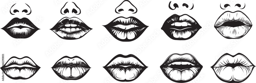 lips collection. Vector illustration of sexy woman's lips expressing different emotions, Sexy lips isolated on white background. 3D design. woman's lips closeup