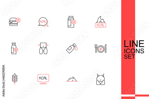 Set line Obesity, Salt, Kcal, Wheat, Vegan food diet, Bottle of water, Women waist and Lactose intolerance icon. Vector