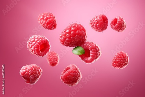 Advertisement studio banner with fresh raspberries flying in the air with splashes of water and steam on pastel gradient background. Food ingredient levitation.