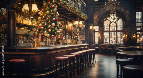 Decoration of Christmas tree in an elegant bar
