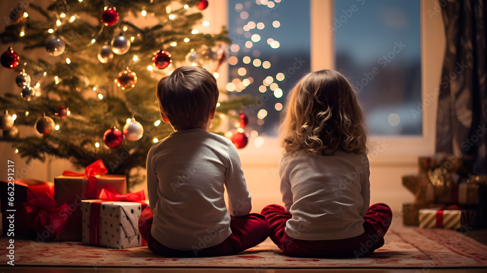boy and girl celebrating Christmas - obrazy, fototapety, plakaty 