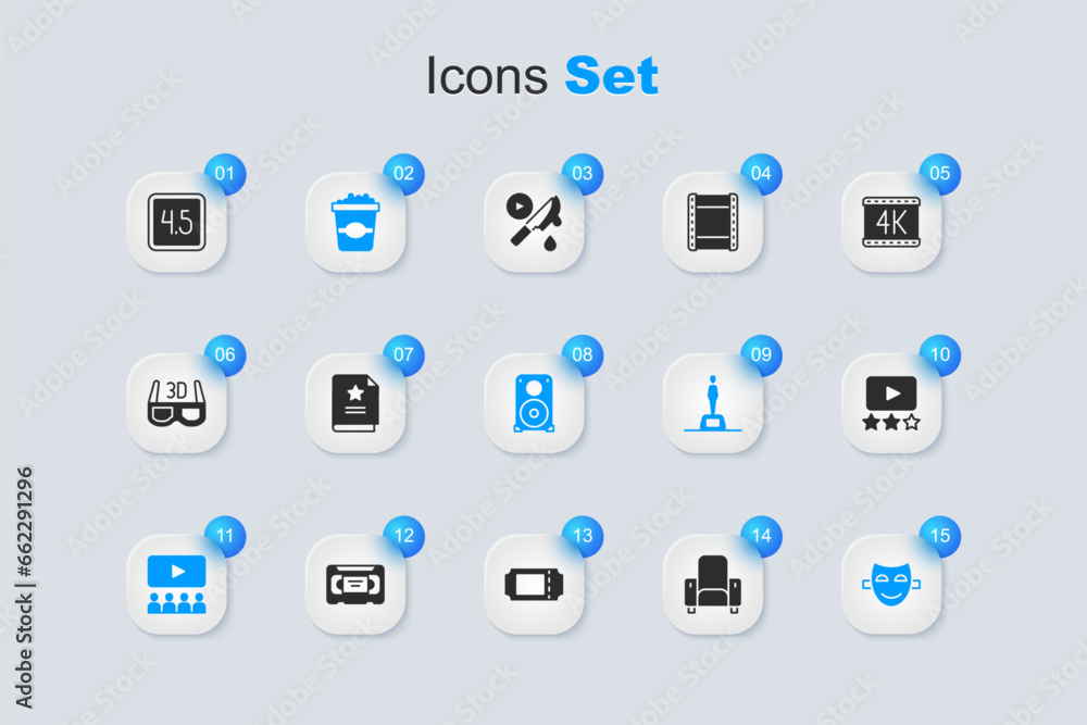 Set Cinema chair, Scenario, Popcorn cardboard box, auditorium with screen, Comedy theatrical mask, Rating movie, and Stereo speaker icon. Vector Set Cinema chair, Scenario, Popcorn cardboard box, auditorium with screen, Comedy theatrical mask, Rating movie, and Stereo speaker icon. Vector