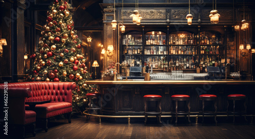 Decoration of Christmas tree in an elegant bar