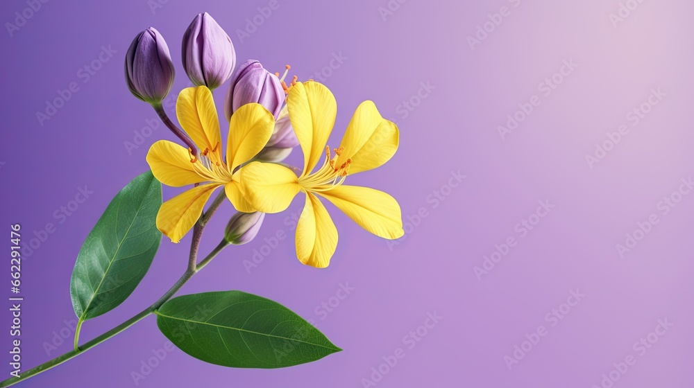  a yellow and purple flower with green leaves on a purple background.  generative ai