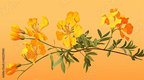  a branch of yellow flowers with green leaves on an orange background.  generative ai