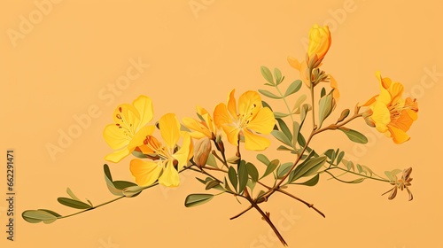  a branch of yellow flowers with green leaves on a yellow background.  generative ai