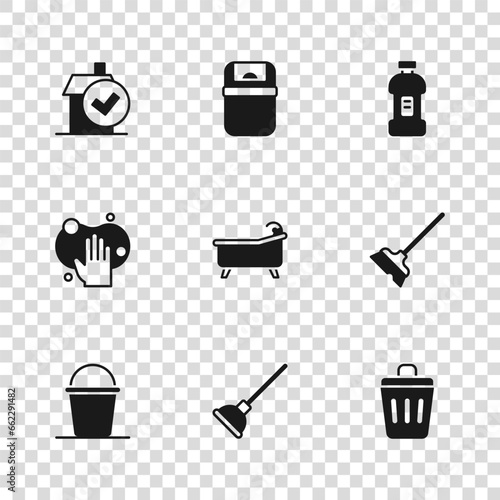 Set Rubber plunger, Mop, Trash can, Bathtub, Bottle for detergent, Home cleaning service, and Sponge icon. Vector