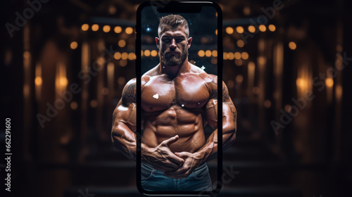 Bodybuilder on steroids illustrated in a smartphone frame 