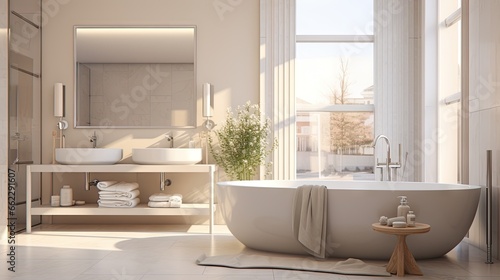  a bathroom with a tub, sink, mirror and a window. generative ai