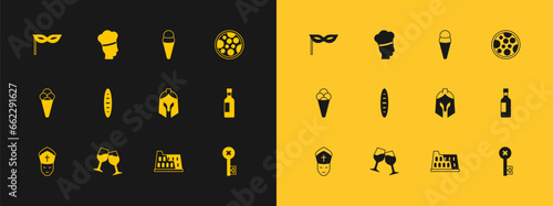 Set Pizza, Wine glass, Roman army helmet, Coliseum, French baguette bread, Ice cream waffle, Carnival mask and Italian cook icon. Vector